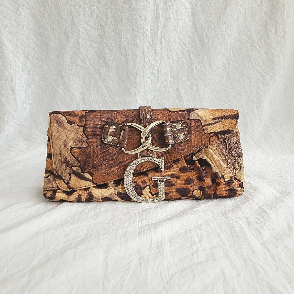 Vintage Guess Brown Animal Print Clutch